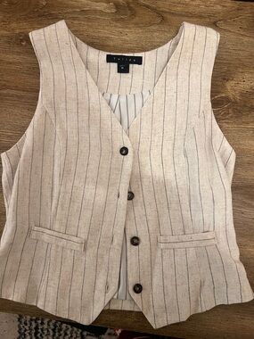 Women's Beige Pinstripe Linen Blend Vest